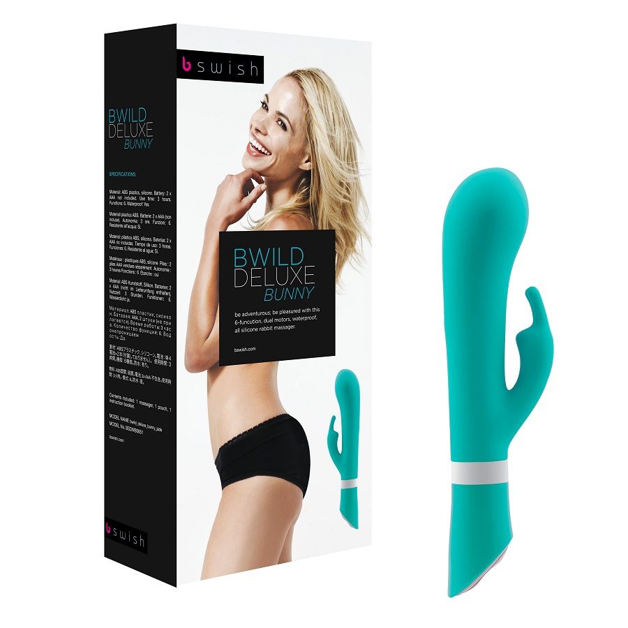 B SWISH BWILD Deluxe Bunny Rabbit Vibrator in jade color, featuring ears and a sleek design for targeted pleasure.