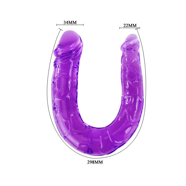 Dildo doble en gelatina flexible de color lila de la marca BAILE ANAL, con textura suave y diseño ergonómico.