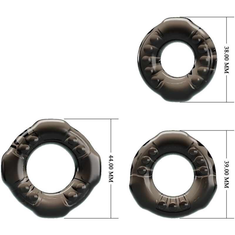Anillos para pene BAILE Yvonne, set de 3 cock rings de silicona en diferentes tamaños, en colores negro y rojo.