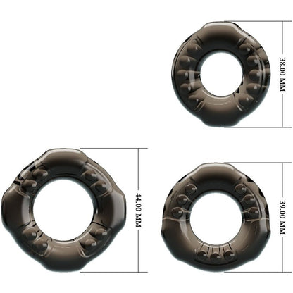 Anillos para pene BAILE Yvonne, set de 3 cock rings de silicona en diferentes tamaños, en colores negro y rojo.