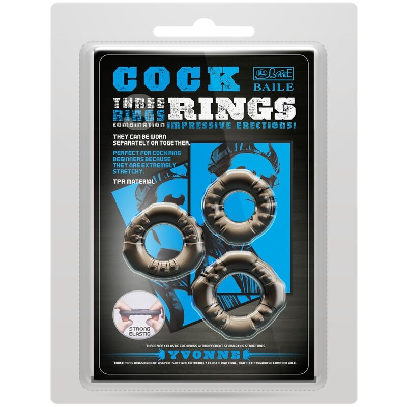 Conjunto de 3 anillos para pene BAILE BAILE COCK RINGS Yvonne, accesorios de silicona para mejorar la sensibilidad y el rendimiento.