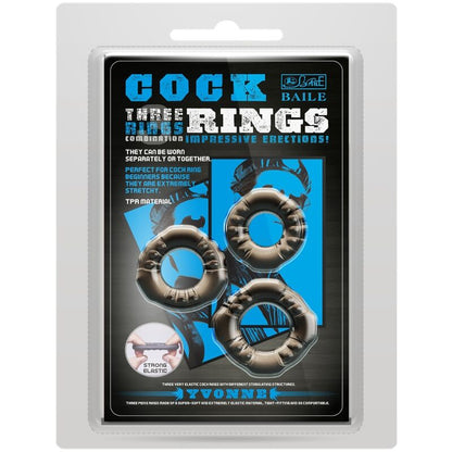 Conjunto de 3 anillos para pene BAILE BAILE COCK RINGS Yvonne, accesorios de silicona para mejorar la sensibilidad y el rendimiento.