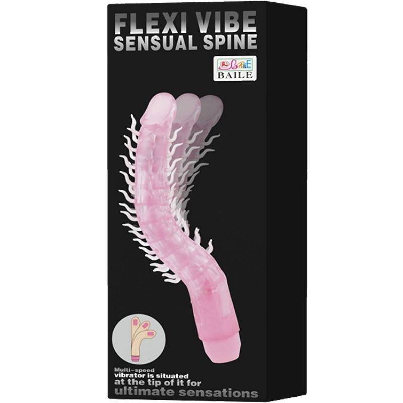 Dildo vibrador flexible y vibrante de color lila, de 23.5 cm de la marca BAILE, con forma curvada y superficie suave.