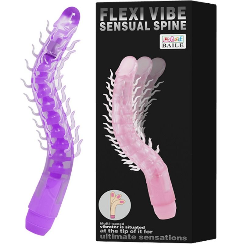 Dildo flexible y vibrador BAILE Flexi Vibe en color lila, 23.5 cm, con forma curva y textura suave para placer sensual.