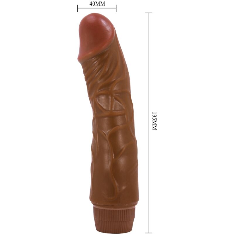 Vibrador realista BAILE Jeff de 19.5 cm en color mulato, con detalles que imitan la piel humana, para uso íntimo.