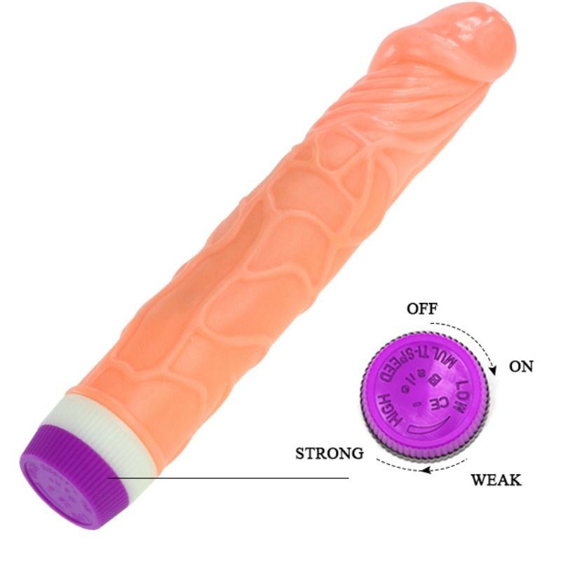Vibrador realista BAILE Waves of Pleasure de 22.5 cm con textura detallada y función de vibración para placer.