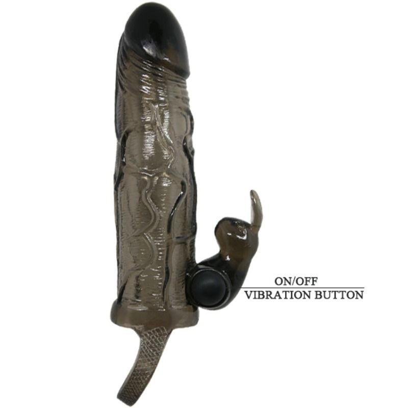 Realistic black 16.5cm penis sleeve with rabbit feature by Baile for Him, showcasing texture and design details.