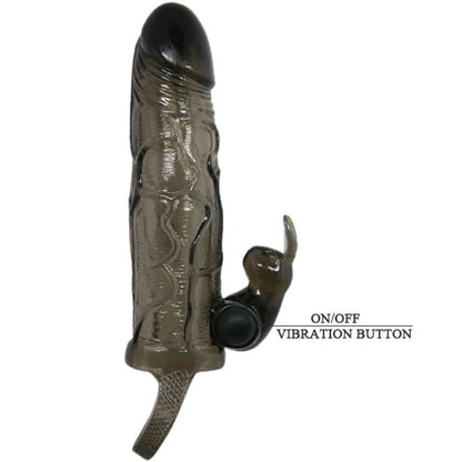 Realistic black 16.5cm penis sleeve with rabbit feature by Baile for Him, showcasing texture and design details.