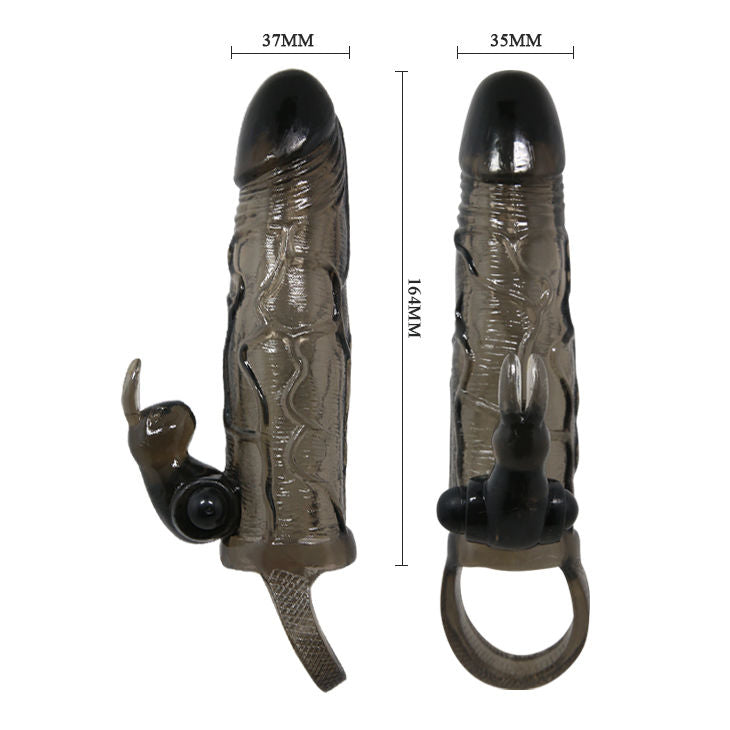 Realistic black penis sleeve with rabbit stimulator, 16.5 cm, by Baile For Him, showcasing detailed texture and design.