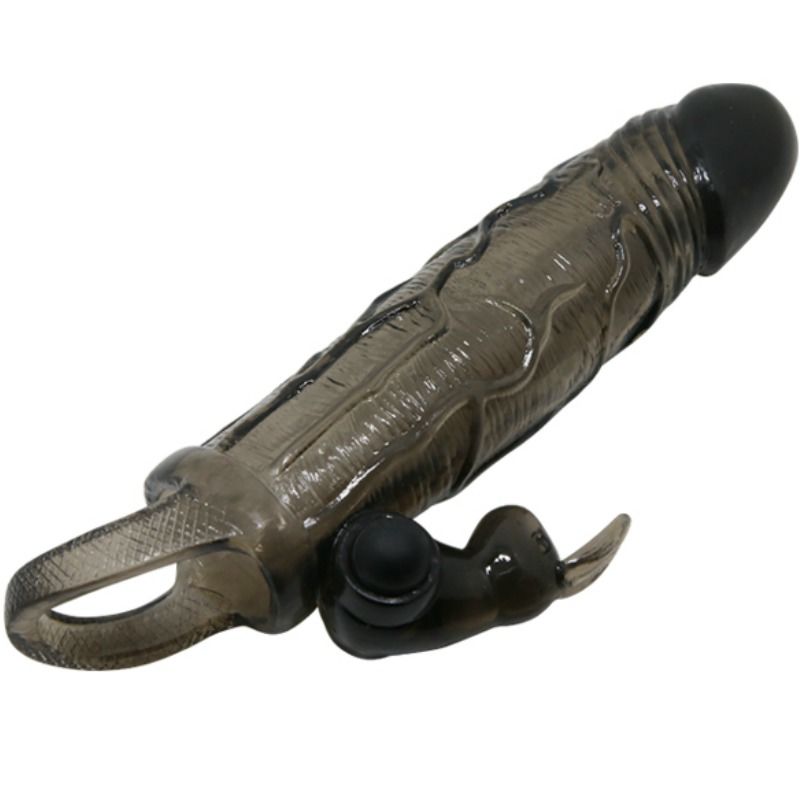 Black 16.5 cm realistic penis sleeve with rabbit feature by BAILE FOR HIM, showcasing detailed texture and design.