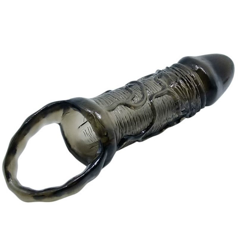 Funda extensora de pene con strap para testículos, marca BAILE FOR HIM, longitud de 11.5 cm, en color negro.