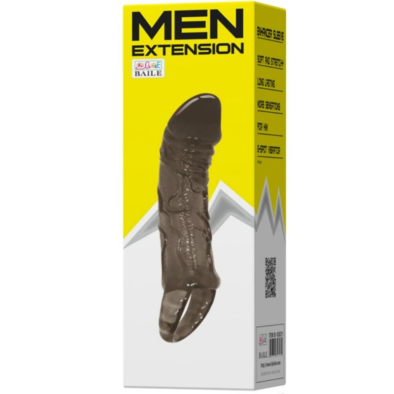 Funda extensora para pene con strap para testículos de 11.5 cm de la marca BAILE FOR HIM, en color negro.