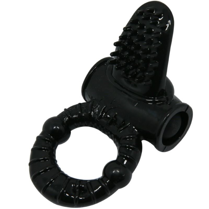 Anillo vibrador con textura en forma de cone de la marca BAILE FOR HIM, diseño de rabbit en color negro para placer íntimo.