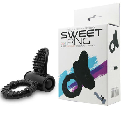 Anillo vibrador con textura tipo conejo de la marca BAILE FOR HIM, en color negro, diseñado para estimulación íntima masculina.