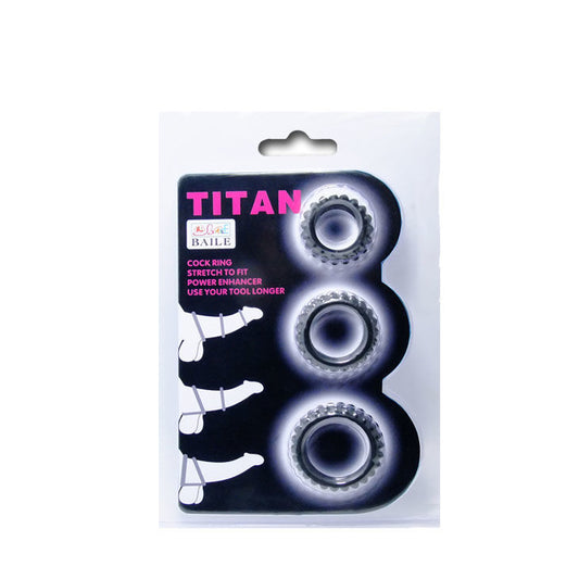 Anillo de pene BAILE TITAN SET 3 piezas en color negro, con medidas de 2.8, 2.4 y 1.9 cm, de la marca BAILE FOR HIM.