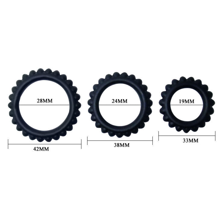 Juego de 3 anillos para el pene BAILE TITAN en negro, con tamaños de 2.8, 2.4 y 1.9 cm, para potenciar la erección.