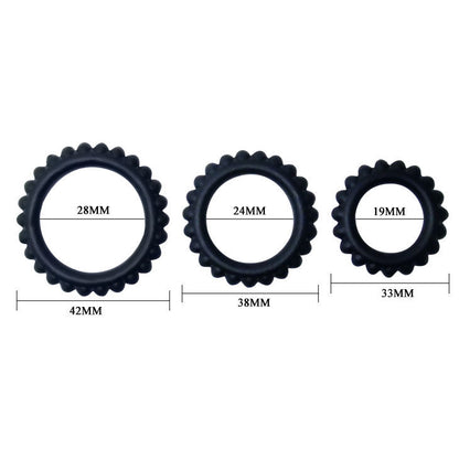Juego de 3 anillos para el pene BAILE TITAN en negro, con tamaños de 2.8, 2.4 y 1.9 cm, para potenciar la erección.