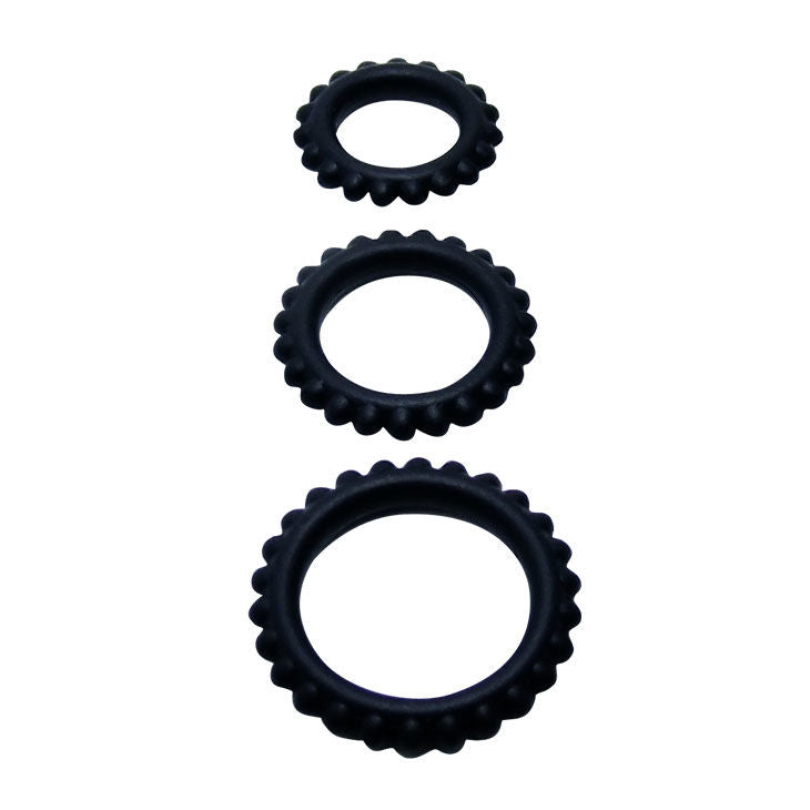 Set de 3 anillos para el pene BAILE TITAN de color negro, en tamaños 2.8, 2.4 y 1.9 cm, de silicona flexible.