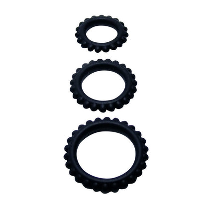 Set de 3 anillos para el pene BAILE TITAN de color negro, en tamaños 2.8, 2.4 y 1.9 cm, de silicona flexible.