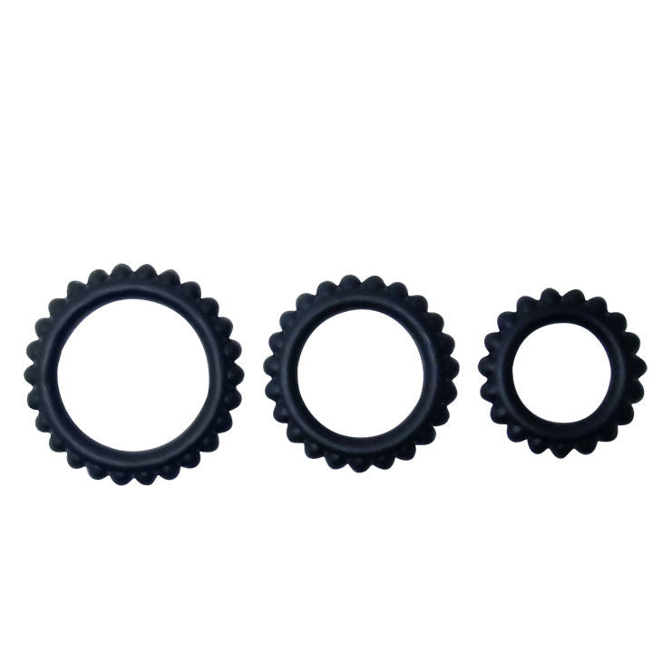 Anillos de pene BAILE TITAN SET de 3 piezas en color negro, con tamaños de 2.8, 2.4 y 1.9 cm, para uso íntimo masculino.
