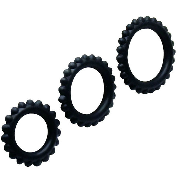 Conjunto de 3 anillos para pene BAILE TITAN en negro, de 2.8, 2.4 y 1.9 cm, para uso erótico y placer.