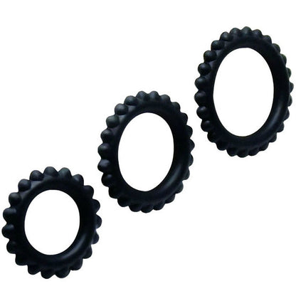 Conjunto de 3 anillos para pene BAILE TITAN en negro, de 2.8, 2.4 y 1.9 cm, para uso erótico y placer.