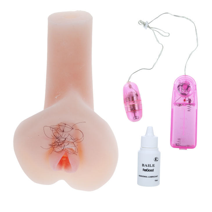 Ultra realistic vagina vibrator by Baile for Him, showcasing lifelike texture and design in a discreet setting.