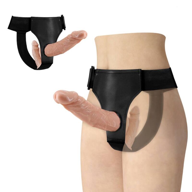 Arnés doble con dildos de la colección BAILE HARNESS, diseño ultra apasionado y ajustable para uso íntimo.