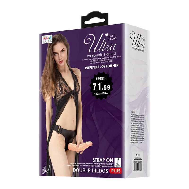 Arnés BAILE Ultra Passionate con doble dildo y correa ajustable, diseñado para placer y comodidad en experiencias íntimas.