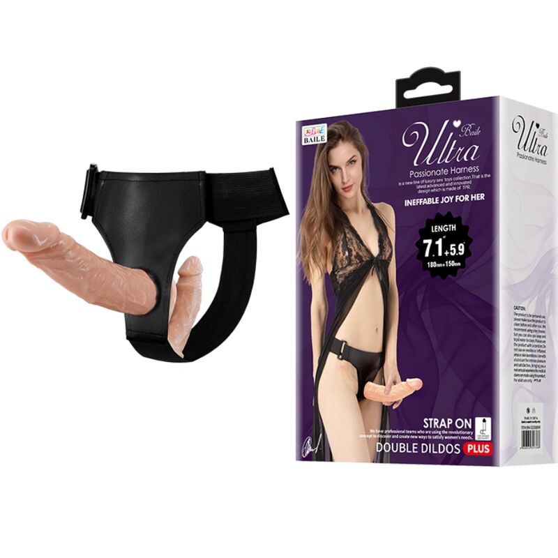 Arnés BAILE Ultra Passionate con doble consolador, ajustable y cómodo, parte de la colección BAILE HARNESS COLLECTION.