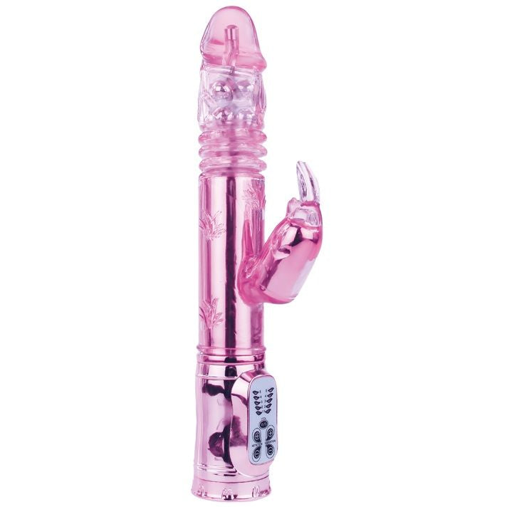 Pink BAILE Rotating Throbbing Bunny vibrator with ears and textured body, displayed against a neutral background.