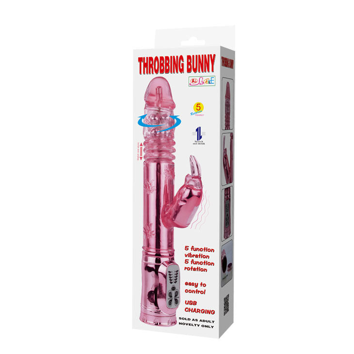 Pink BAILE Throbbing Bunny Rotator with ears, designed for pleasure and stimulation, showcasing its vibrant color and shape.