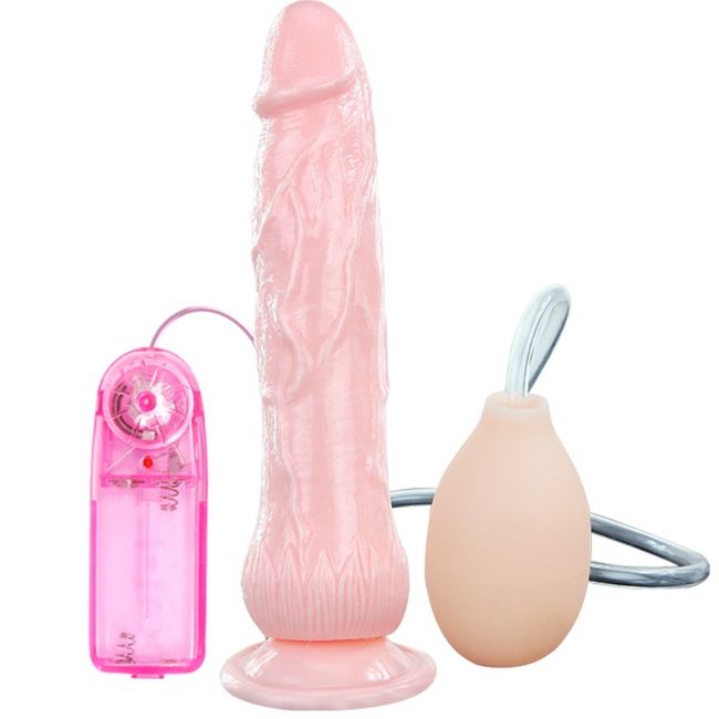 Dildo vibrador Fountain de BAILE VIBRATORS con función squirting y vibración, en color rosa, muestra detalles del producto.