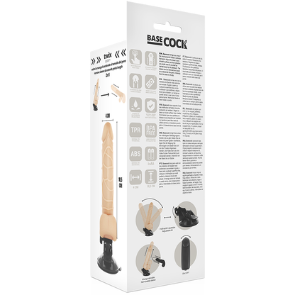 Vibrador realista con control remoto de 18.5 cm y 4 cm de la marca BASECOCK, diseñado para una experiencia natural y placentera.