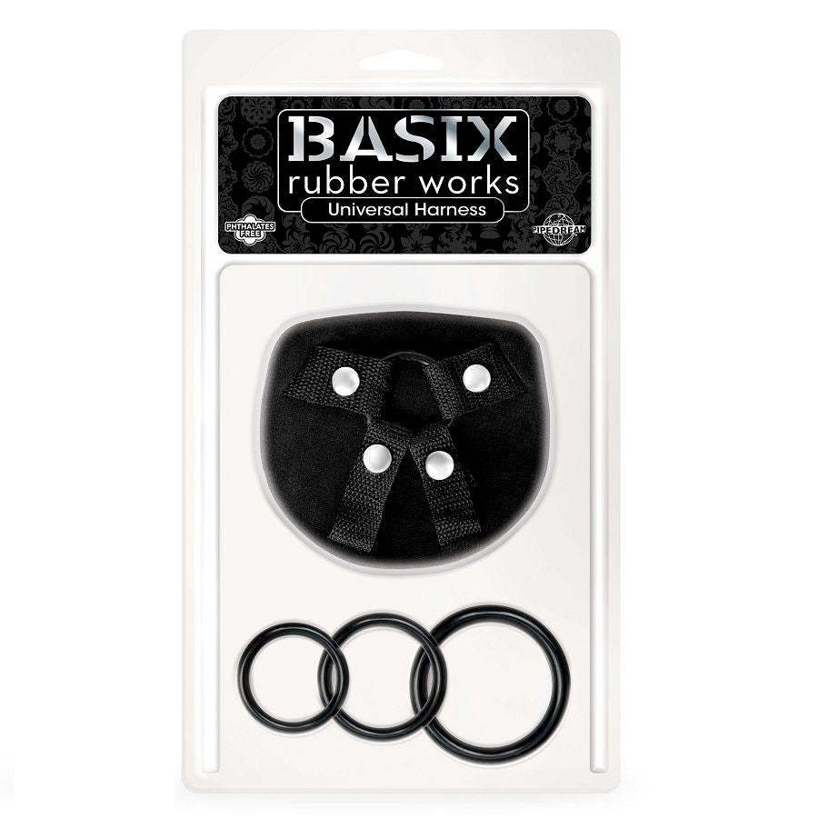 BASIX universal rubber harness displayed on a neutral background, showcasing its adjustable straps and durable material.