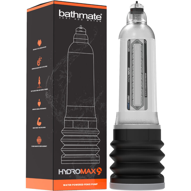 Bomba de aumento de pene Bathmate Hydromax 9 transparente, diseño ergonómico y funcional para uso masculino.