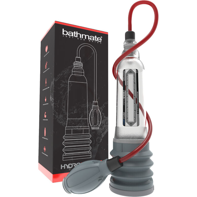 Bomba para pene Bathmate HydroXtreme 7 de la marca Bathmate, con tubo de silicona y manómetro para uso en terapia sexual.
