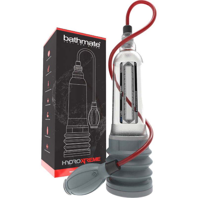 Bomba para pene Bathmate HydroXtreme 9 de alta presión, con tubo transparente y válvula, diseñada para ejercicios de fortalecimiento.