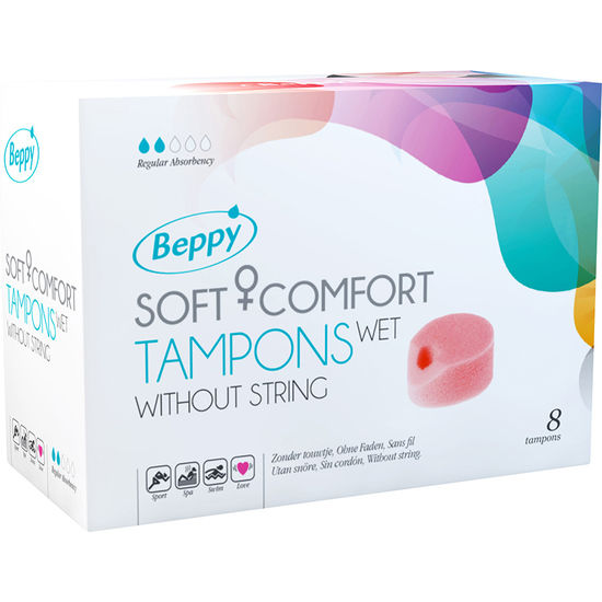 Tampones lubricados BEPPY de 8 unidades, con aplicador para mayor comodidad y protección íntima.
