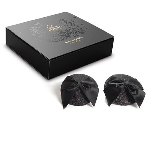 Shiny BIJOUX Burlesque pasties with a bow design, perfect for enhancing your burlesque costume.