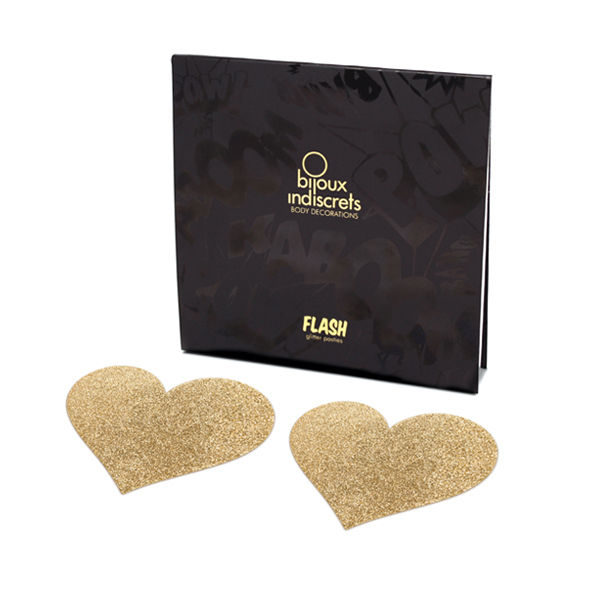 Pezoneras doradas en forma de corazón de la colección BIJOUX FLASH, accesorios de joyería íntima para mujer.