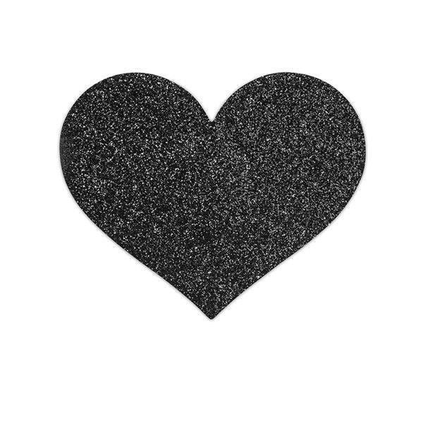 Black heart-shaped pasties from Bijoux Flash Collection, featuring a shiny finish and stylish design for body adornment.