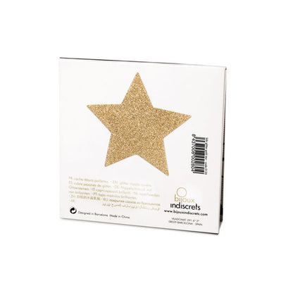 Golden star-shaped pasties from Bijoux Indiscrets, part of the Flash Collection, featuring a shimmering design.