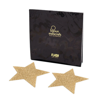 Golden star-shaped nipple covers from the Bijoux Flash Collection, designed for stylish and playful fashion statements.