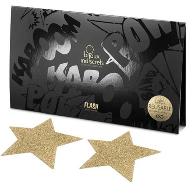 Golden star-shaped BIJOUX FLASH COLLECTION pezones adornments on a white background, showcasing their unique design.