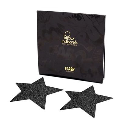 Black star-shaped nipple covers from the Bijoux Flash Collection, designed for stylish and discreet coverage.