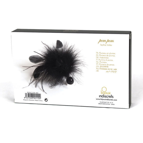 Colorful BIJOUX INDISCRETS pom pom feather duster with vibrant feathers on a sleek handle, perfect for stylish cleaning.