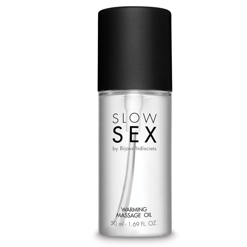 BIJOUX SLOW SEX massage oil with warming effect, 50 ml bottle, designed for intimate massage and sensual experiences.