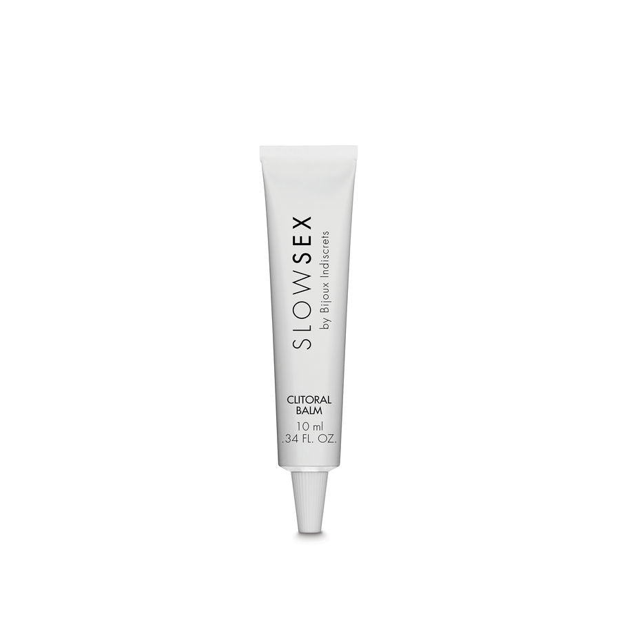 Bálsamo estimulante para clítoris BIJOUX SLOW SEX, frasco de 10 ml, con textura y envase visible.