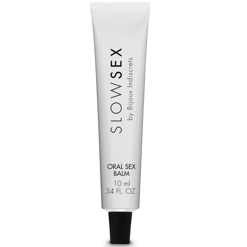 Balsamo para sexo oral BIJOUX SLOW SEX, frasco de 10 ml con envase transparente y etiqueta blanca, para mejorar la experiencia oral.